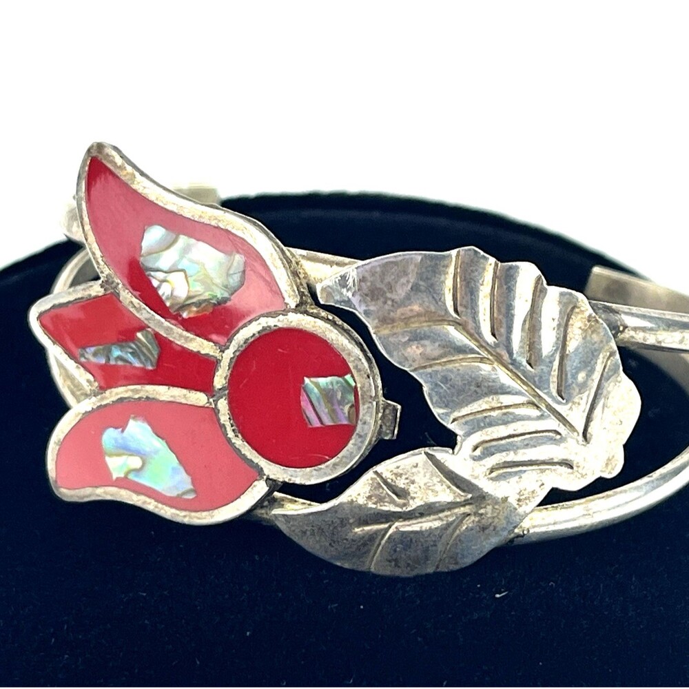 Vintage Mexican Alpaca Silver Cuff Bracelet Red Enamel & Abalone Inlay 6.5in
